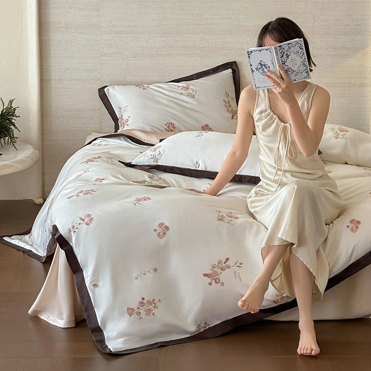 Duvet Cover Set Silky Satin Embroidered 4-Piece