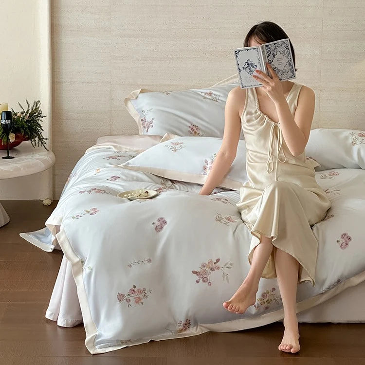 Duvet Cover Set Silky Satin Embroidered 4-Piece