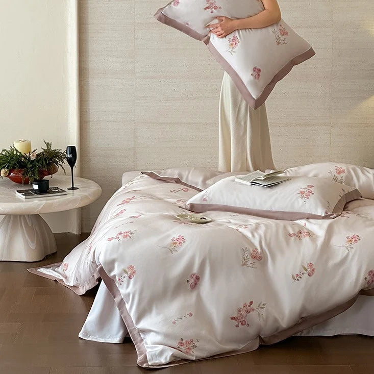 Duvet Cover Set Silky Satin Embroidered 4-Piece