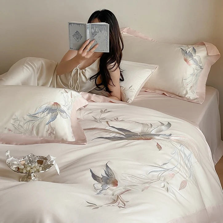 Duvet Cover Set Silky Satin Embroidered Four Piece