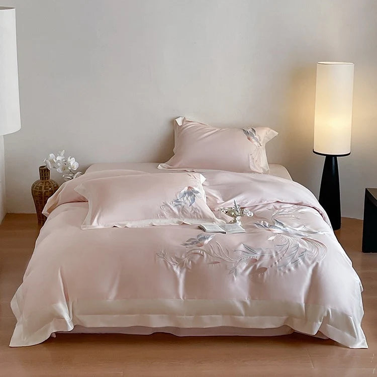 Duvet Cover Set Silky Satin Embroidered Four Piece