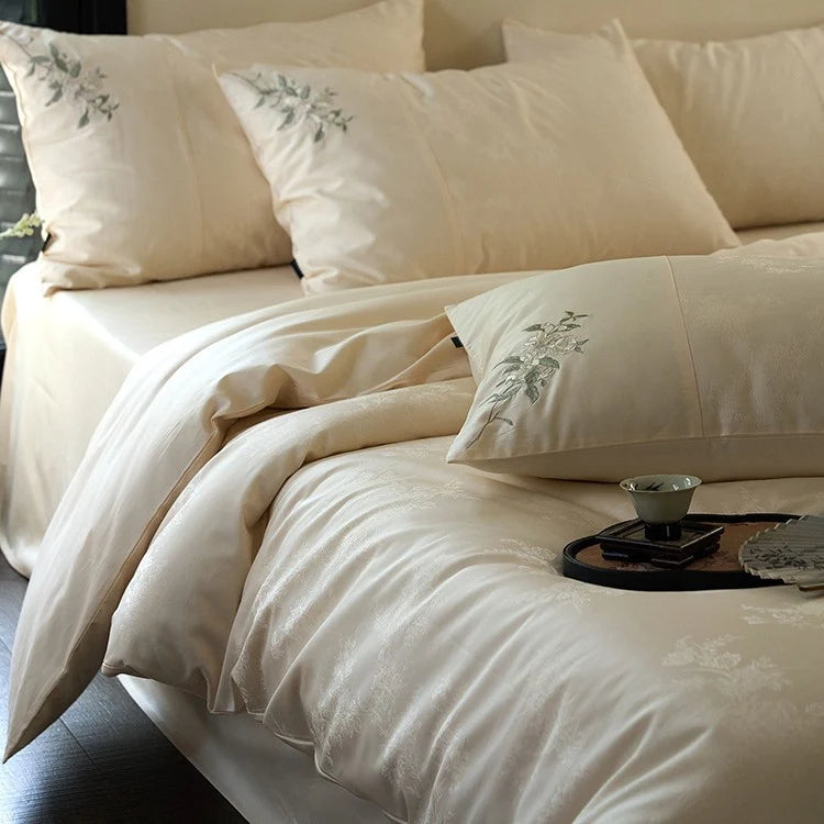 Duvet Cover Set Silky Satin Floral Embroidery 4-Piece