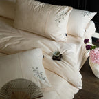 Duvet Cover Set Silky Satin Floral Embroidery 4-Piece