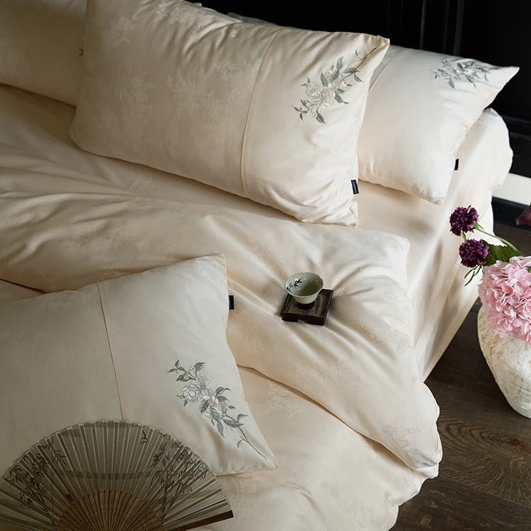 Duvet Cover Set Silky Satin Floral Embroidery 4-Piece