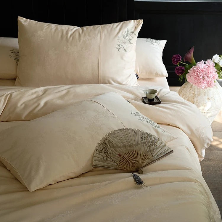 Duvet Cover Set Silky Satin Floral Embroidery 4-Piece