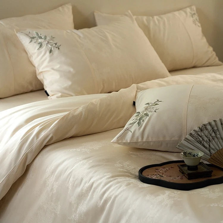 Duvet Cover Set Silky Satin Floral Embroidery 4-Piece