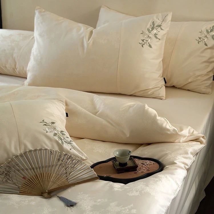 Duvet Cover Set Silky Satin Floral Embroidery 4-Piece