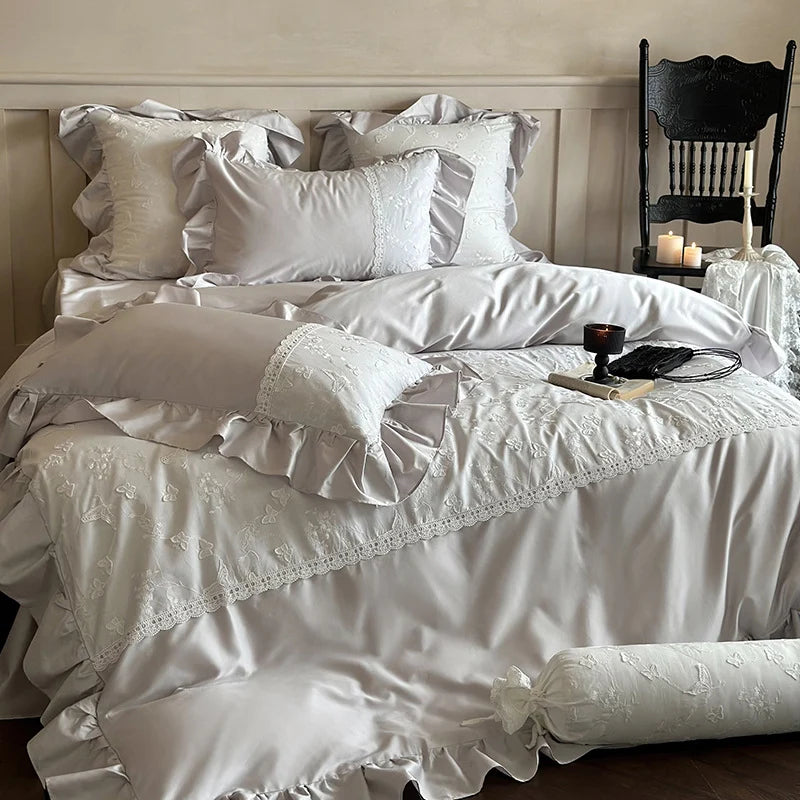 Duvet Cover Set Silky Satin & Lace Trim