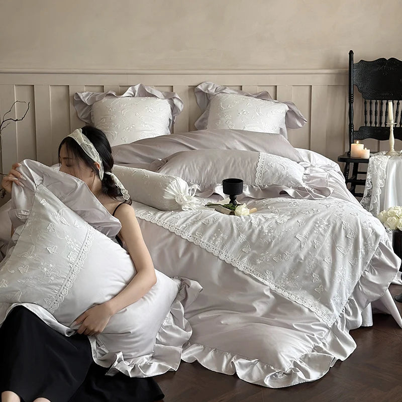 Duvet Cover Set Silky Satin & Lace Trim