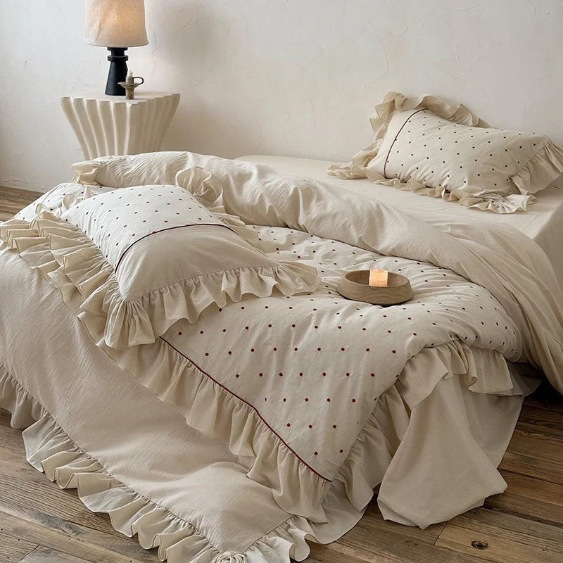 Duvet Cover Set Stonewashed Cotton Embroidered Dots 4 Piece