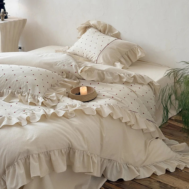 Duvet Cover Set Stonewashed Cotton Embroidered Dots 4 Piece
