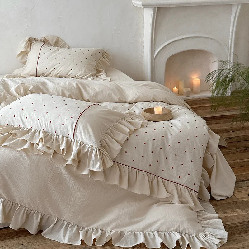 Duvet Cover Set Stonewashed Cotton Embroidered Dots 4 Piece