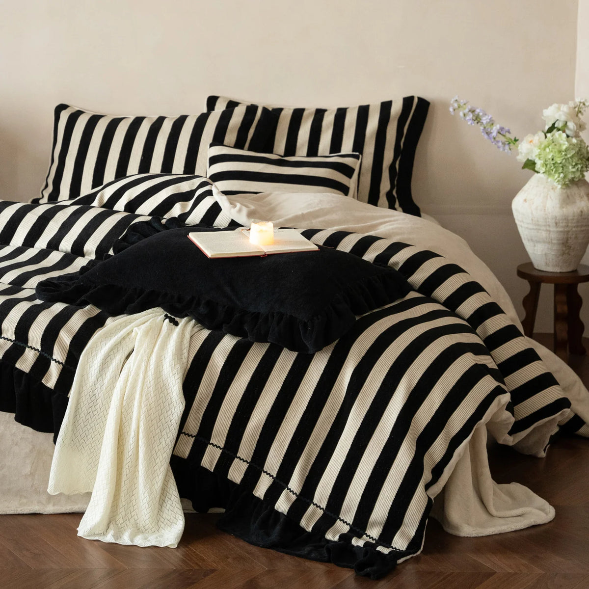 Duvet Cover Set Striped Cotton-Linen Ruffle Trim 4-Piece