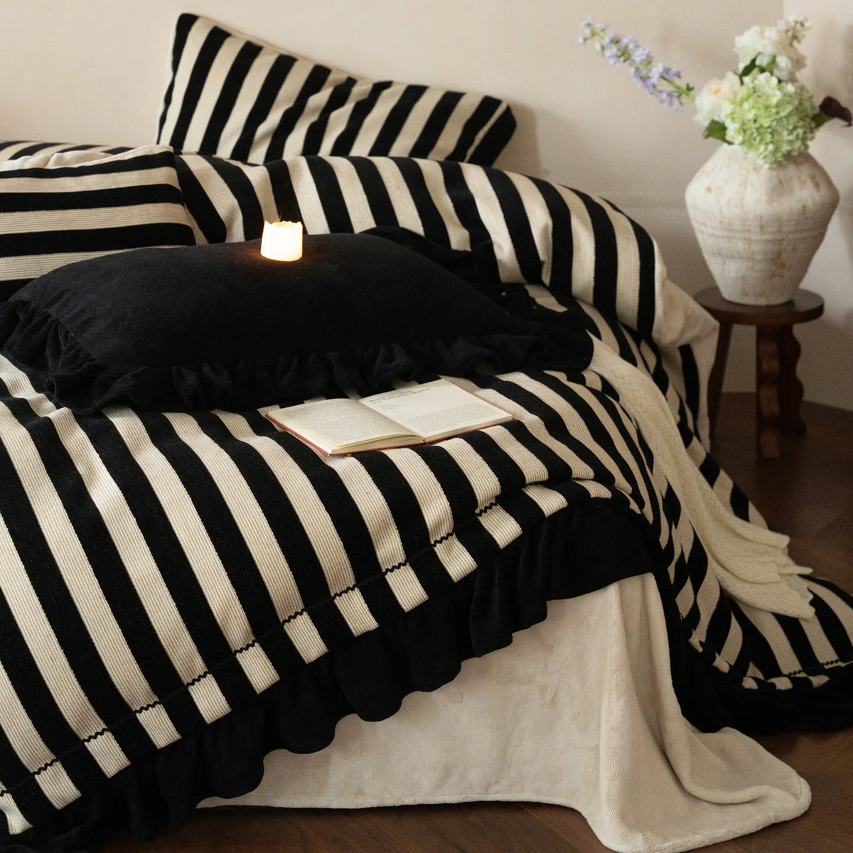 Duvet Cover Set Striped Cotton-Linen Ruffle Trim 4-Piece