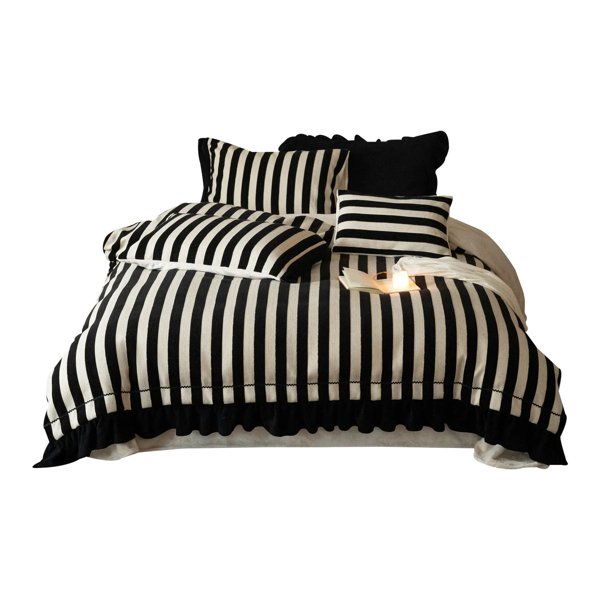 Duvet Cover Set Striped Cotton-Linen Ruffle Trim 4-Piece