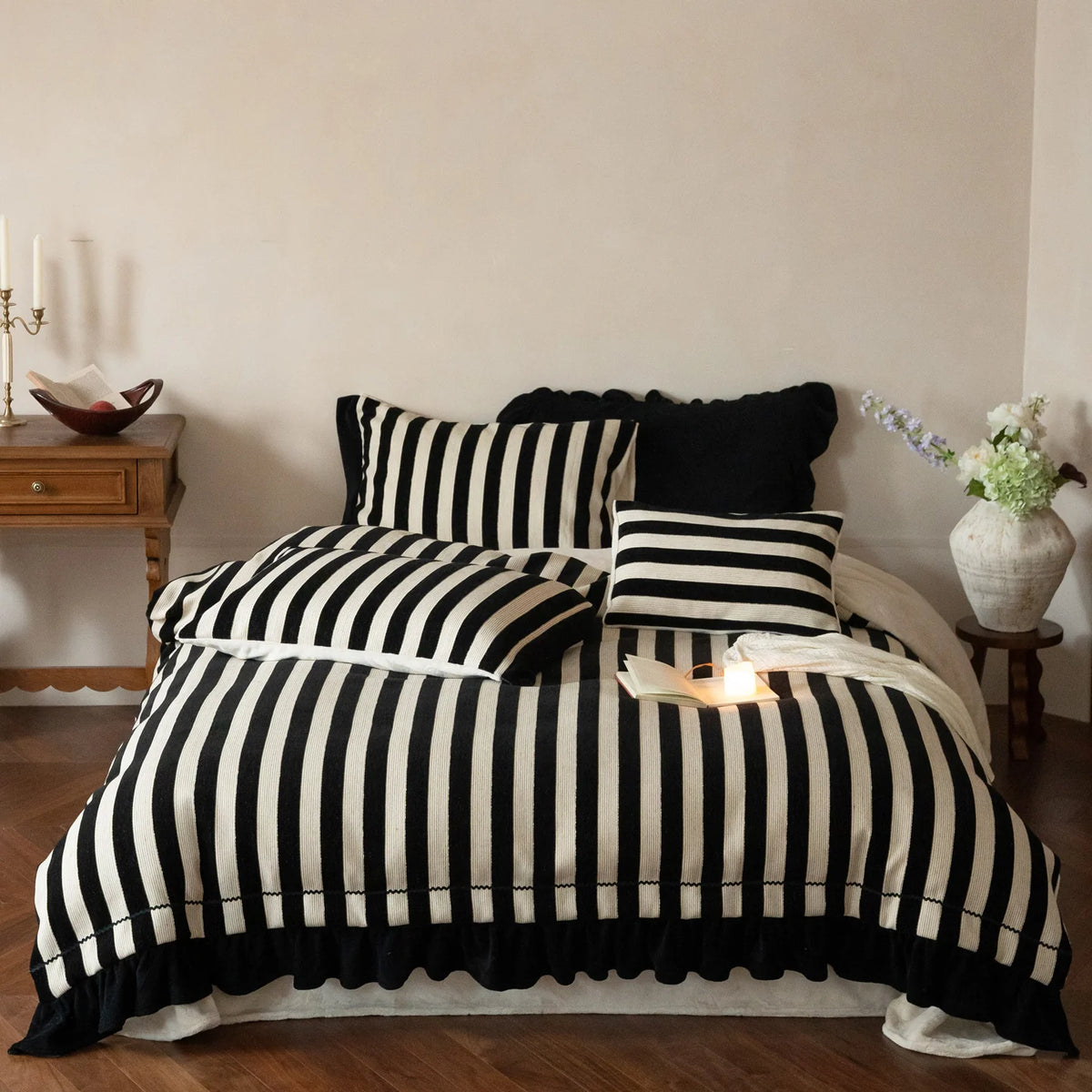Duvet Cover Set Striped Cotton-Linen Ruffle Trim 4-Piece