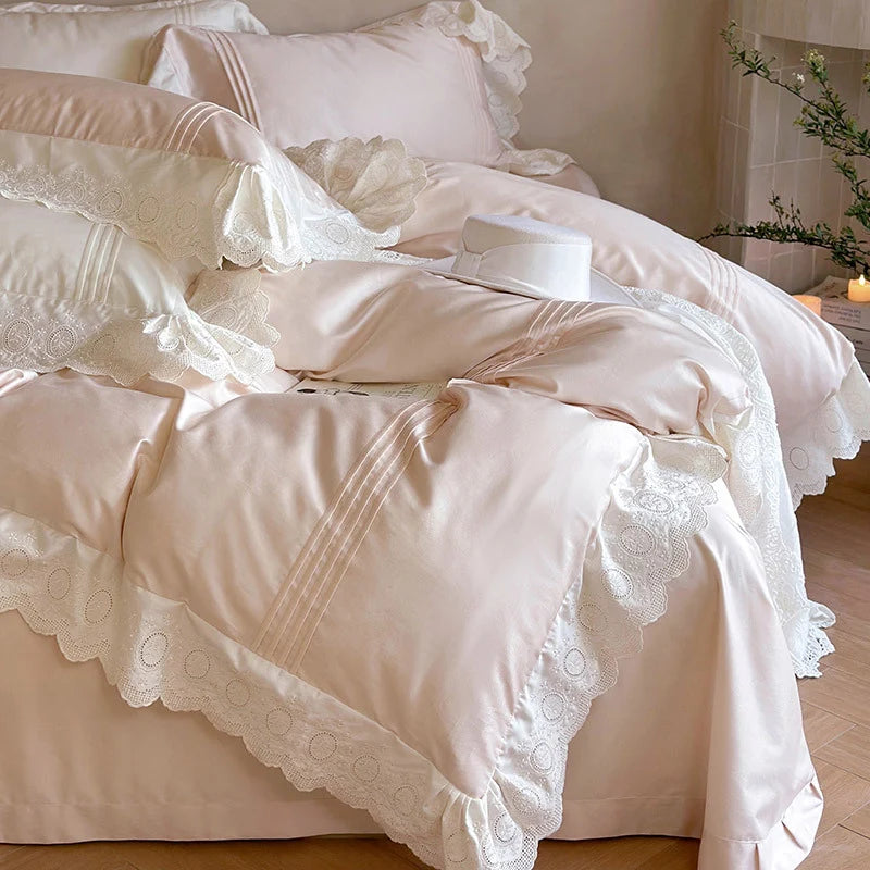 Duvet Cover Set Tencel-Cotton Embroidered Lace & Ruffle