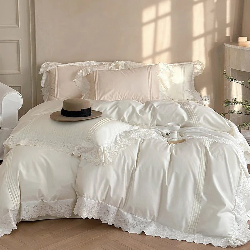 Duvet Cover Set Tencel-Cotton Embroidered Lace & Ruffle