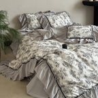 Duvet Cover Set Toile-de-Jouy Cotton Blend Gathered Ruffle