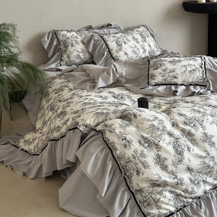 Duvet Cover Set Toile-de-Jouy Cotton Blend Gathered Ruffle