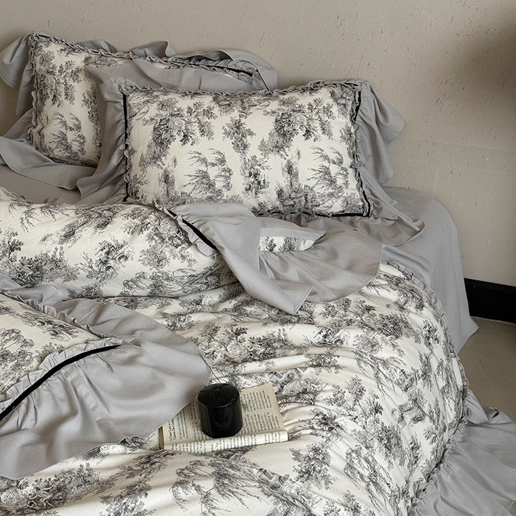 Duvet Cover Set Toile-de-Jouy Cotton Blend Gathered Ruffle