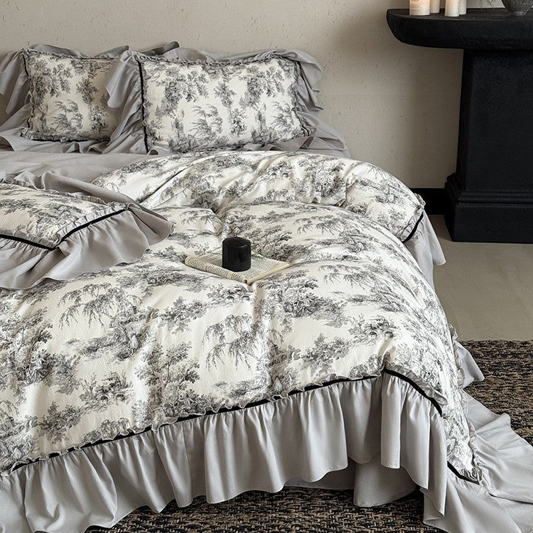 Duvet Cover Set Toile-de-Jouy Cotton Blend Gathered Ruffle