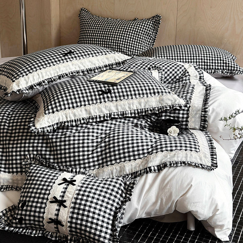 Duvet Cover Set Vichy Check Ruffle & Embroidery