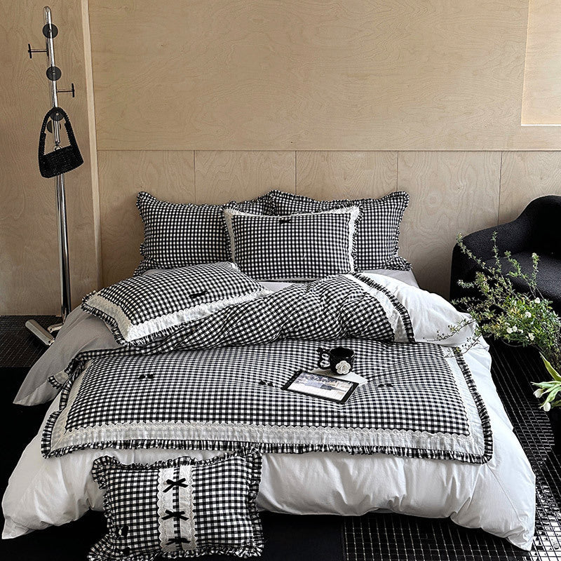Duvet Cover Set Vichy Check Ruffle & Embroidery