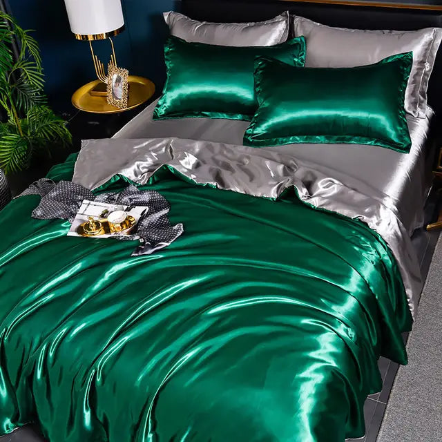 Duvet Cover Silk Satin Colorfast Includes 2 Pillowcases