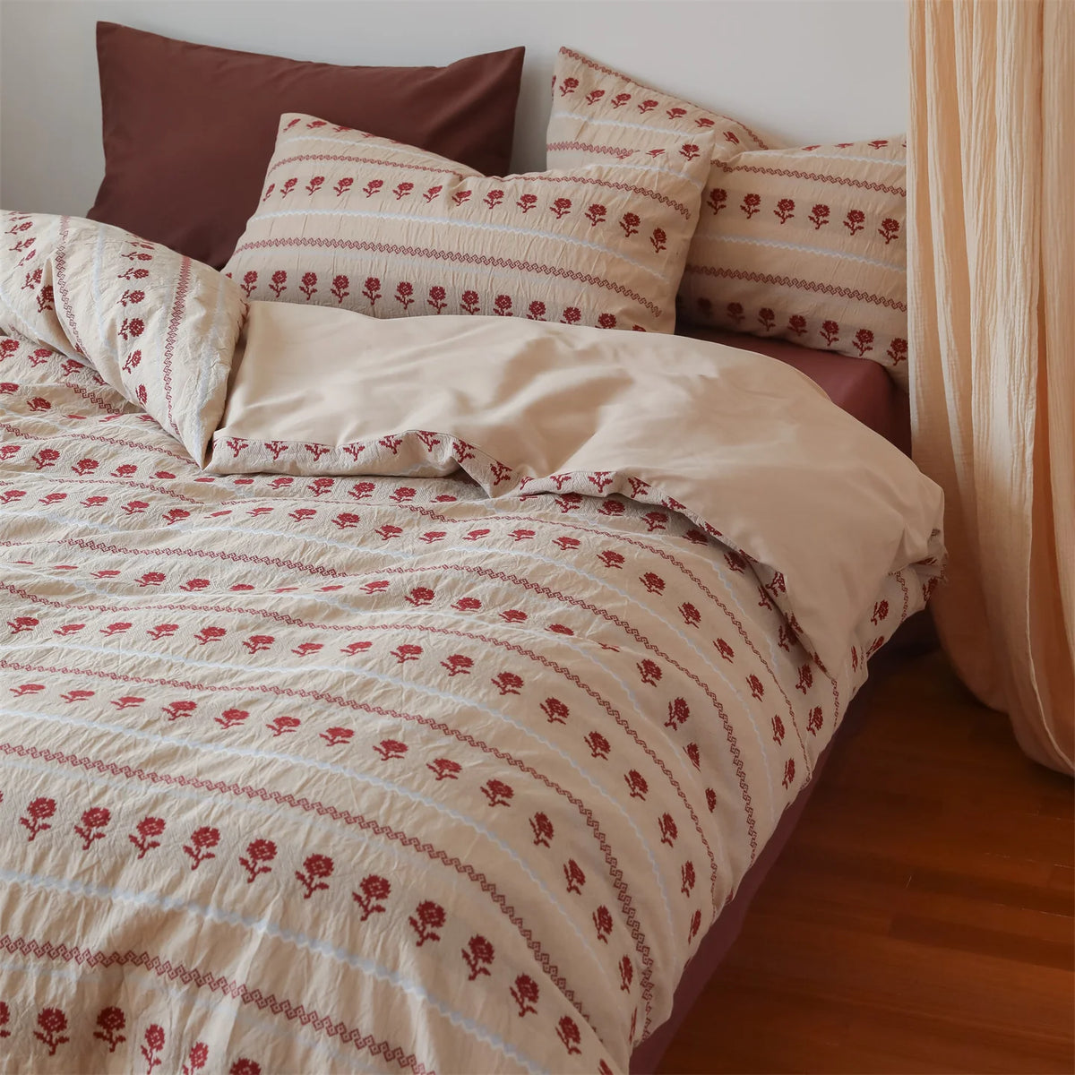 Duvet Set Cotton Blend Linen Texture & Embroidered Rose
