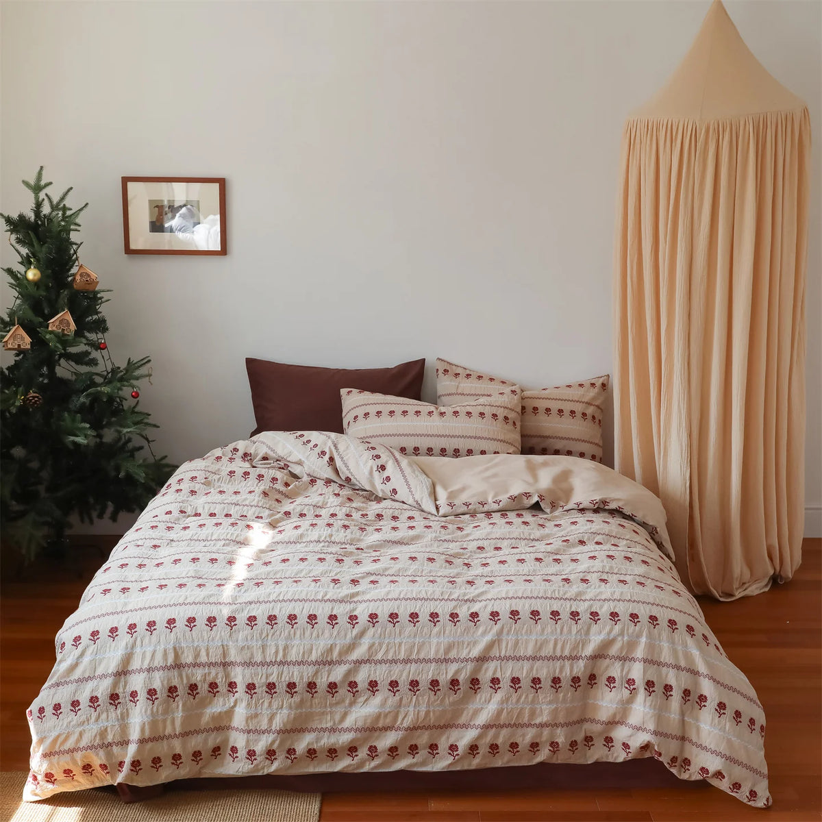 Duvet Set Cotton Blend Linen Texture & Embroidered Rose