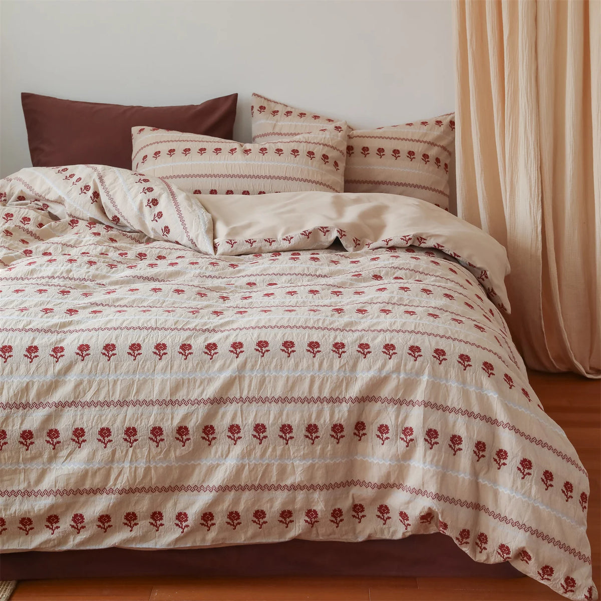 Duvet Set Cotton Blend Linen Texture & Embroidered Rose