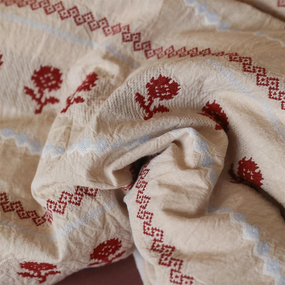 Duvet Set Cotton Blend Linen Texture & Embroidered Rose