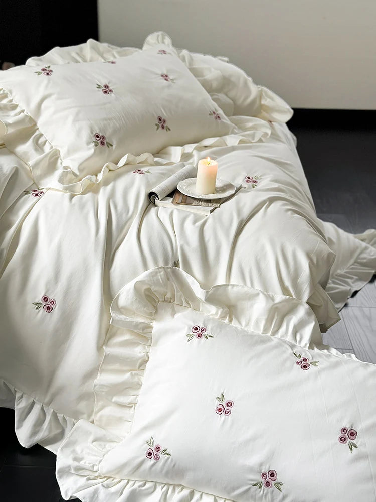 Duvet Set Cotton Satin Floral Embroidery Set of 4