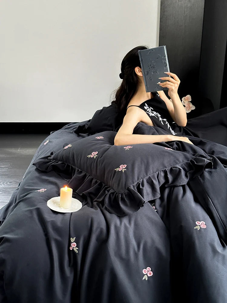 Duvet Set Cotton Satin Floral Embroidery Set of 4