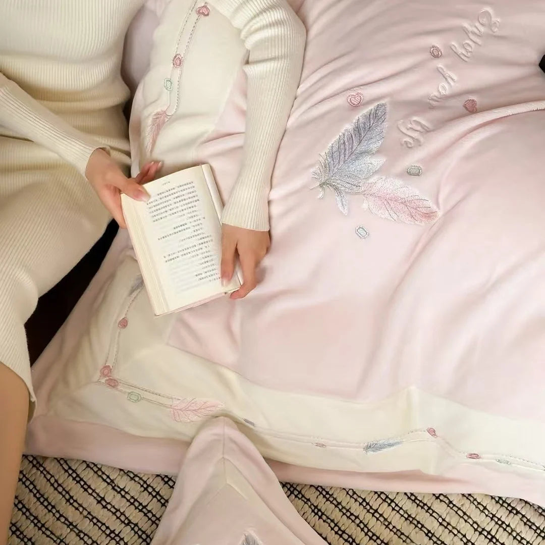 Duvet Set Embroidered Feather Motif Quilted Bedspread