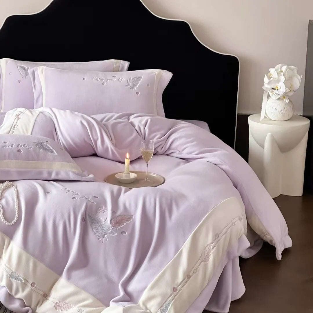 Duvet Set Embroidered Feather Motif Quilted Bedspread