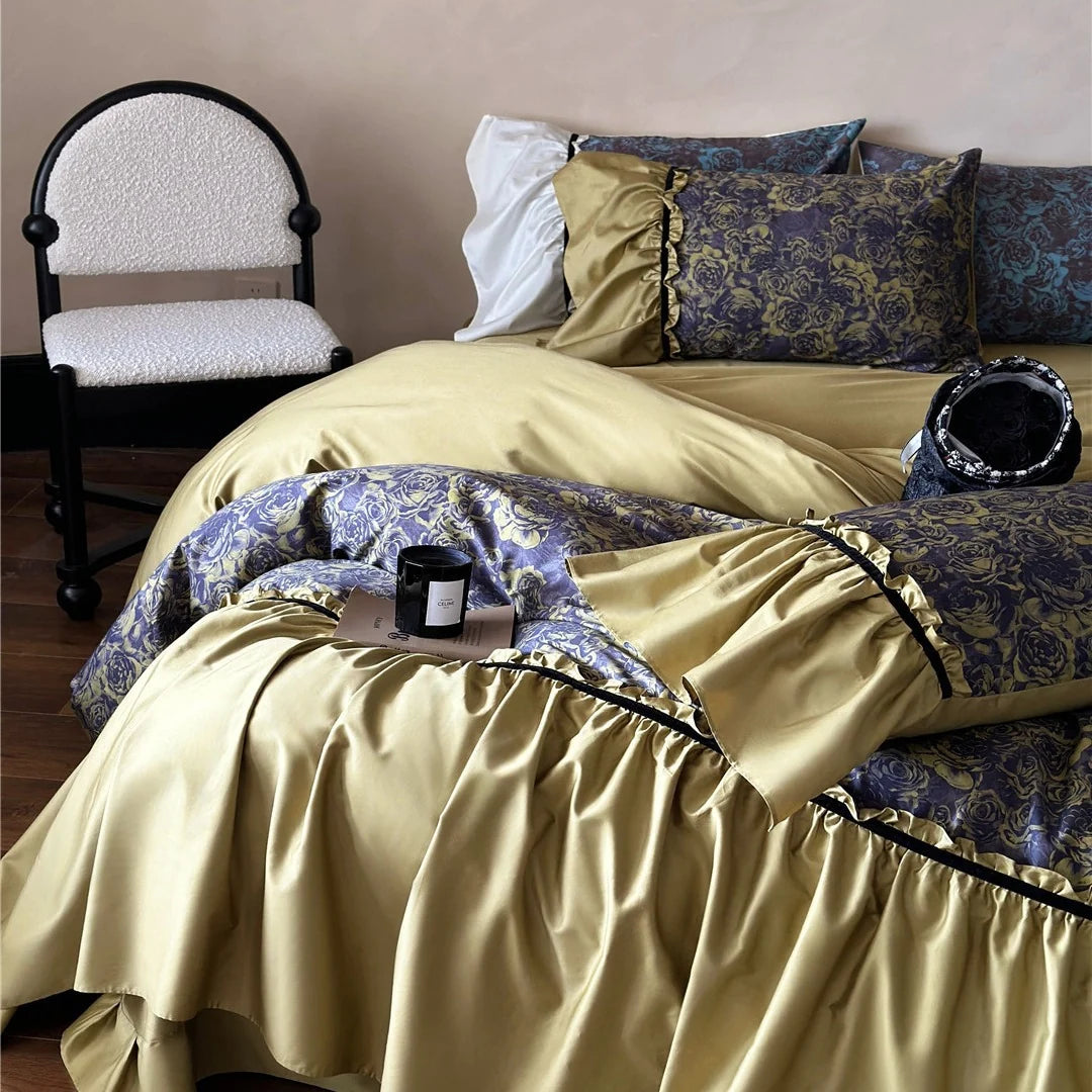 Duvet Set Reversible Cotton Satin Floral Jacquard & Velvet Piping