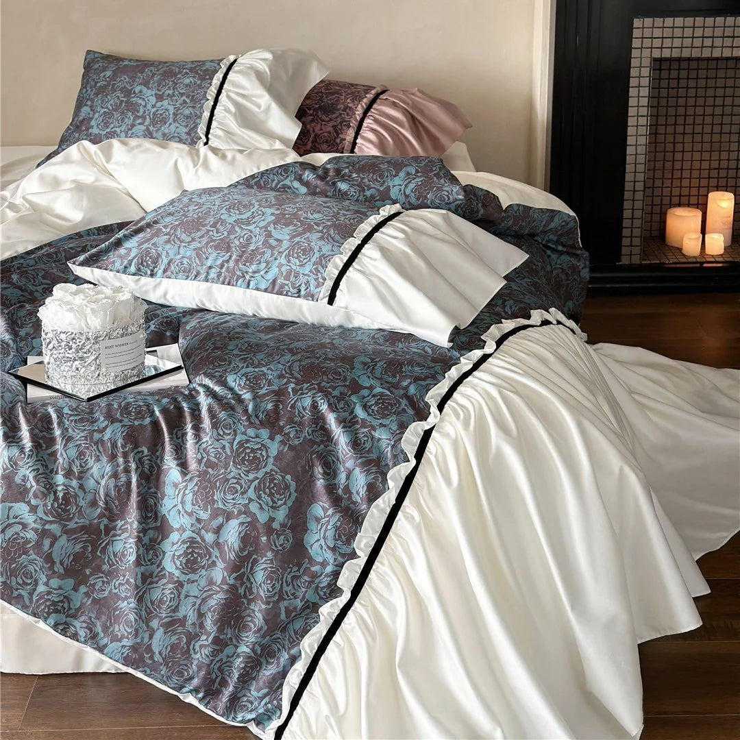 Duvet Set Reversible Cotton Satin Floral Jacquard & Velvet Piping