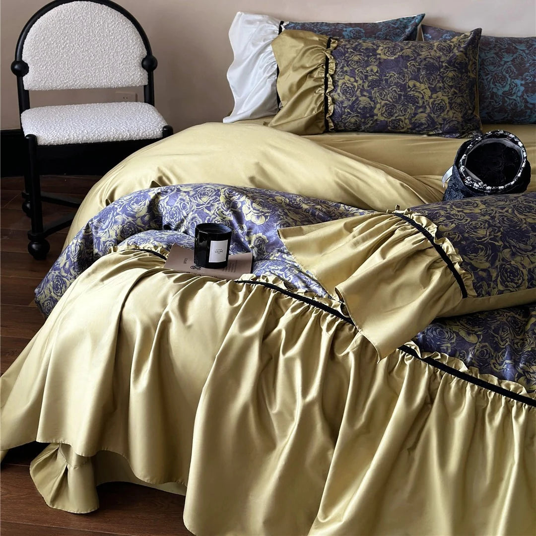 Duvet Set Reversible Cotton Satin Floral Jacquard & Velvet Piping