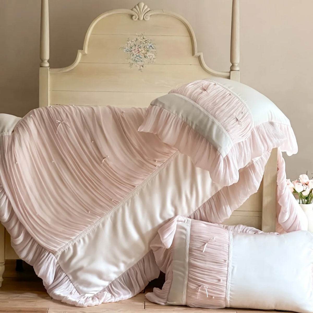 Duvet Set Ruffle & Pleat Pearl Accents 4-Piece