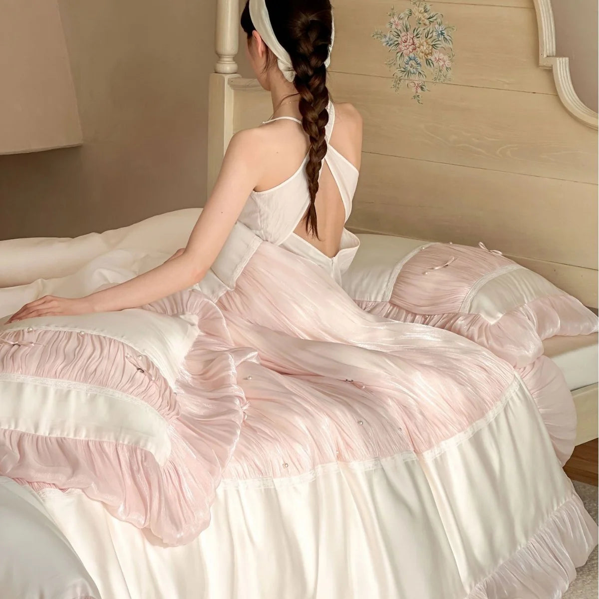 Duvet Set Ruffle & Pleat Pearl Accents 4-Piece