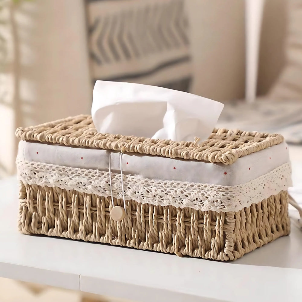 Eco-Friendly Braided Paper Rope Tissue Box Cover (Lace Trim)