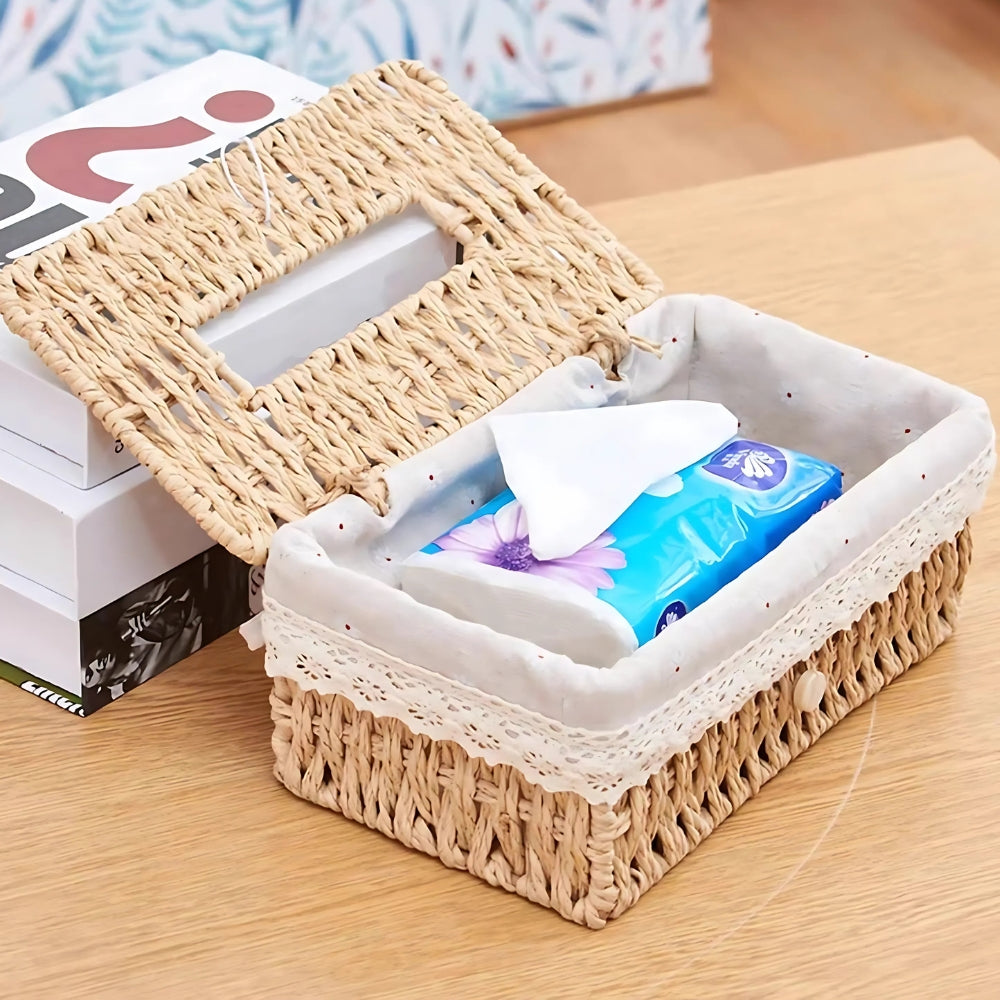 Eco-Friendly Braided Paper Rope Tissue Box Cover (Lace Trim)