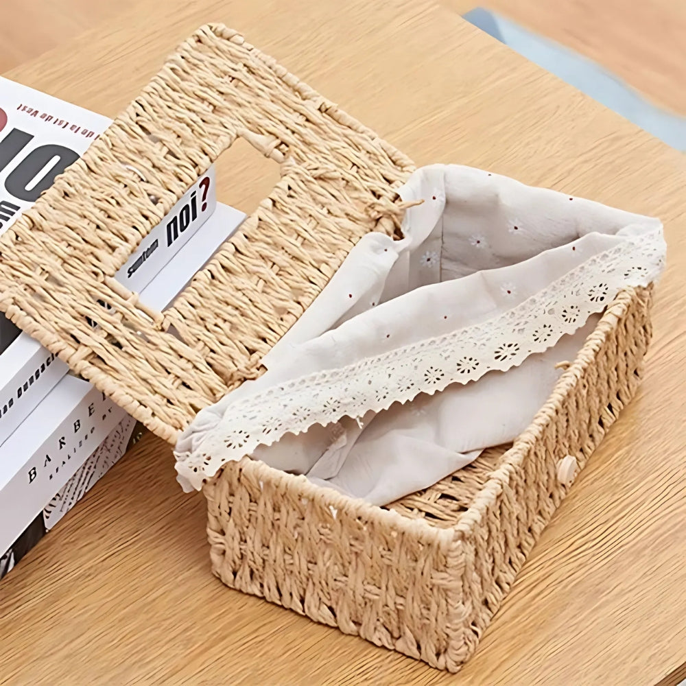 Eco-Friendly Braided Paper Rope Tissue Box Cover (Lace Trim)