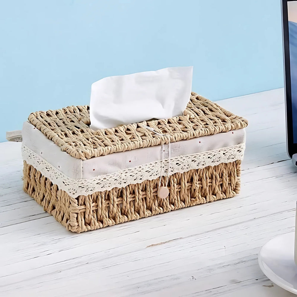 Eco-Friendly Braided Paper Rope Tissue Box Cover (Lace Trim)