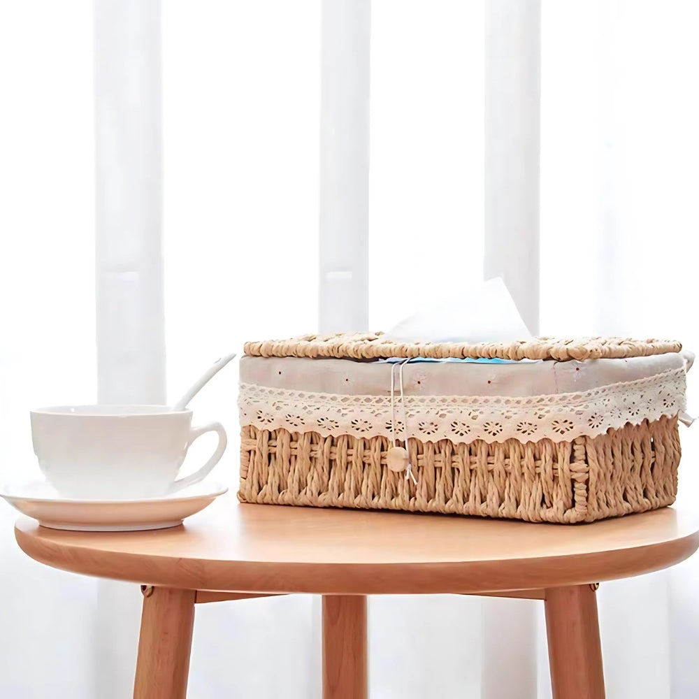 Eco-Friendly Braided Paper Rope Tissue Box Cover (Lace Trim)