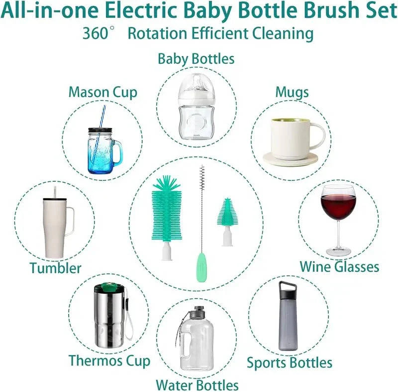 Electric Bottle Brush Set Cordless 360° Rotating Silicone