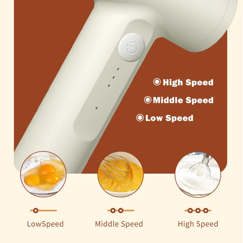 Electric Egg Beater Cordless USB Rechargeable 3-Speed