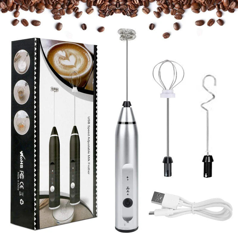 Electric Milk Frother USB Rechargeable 3 Interchangeable Heads